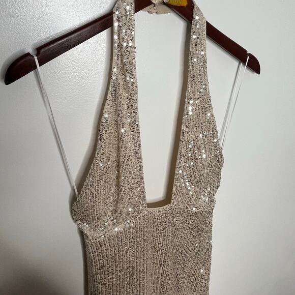 Hello Molly Womens Sequin Spotlight On Me Midi Dress M Silver Beige Prom Formal - Picture 6 of 14